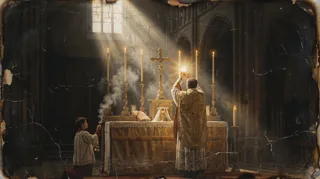 Sacerdote de paramentos dourados eleva a hóstia ao altar iluminado por velas, com crucifixo e acólito turíbulo