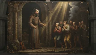 A bearded friar in a brown habit gestures toward a group of kneeling, praying men in a stone vaulted interior