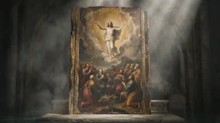 Propers of the Tridentine Mass: a risen haloed man raises his arms above kneeling apostles and a woman, a framed panel on a misty pedestal