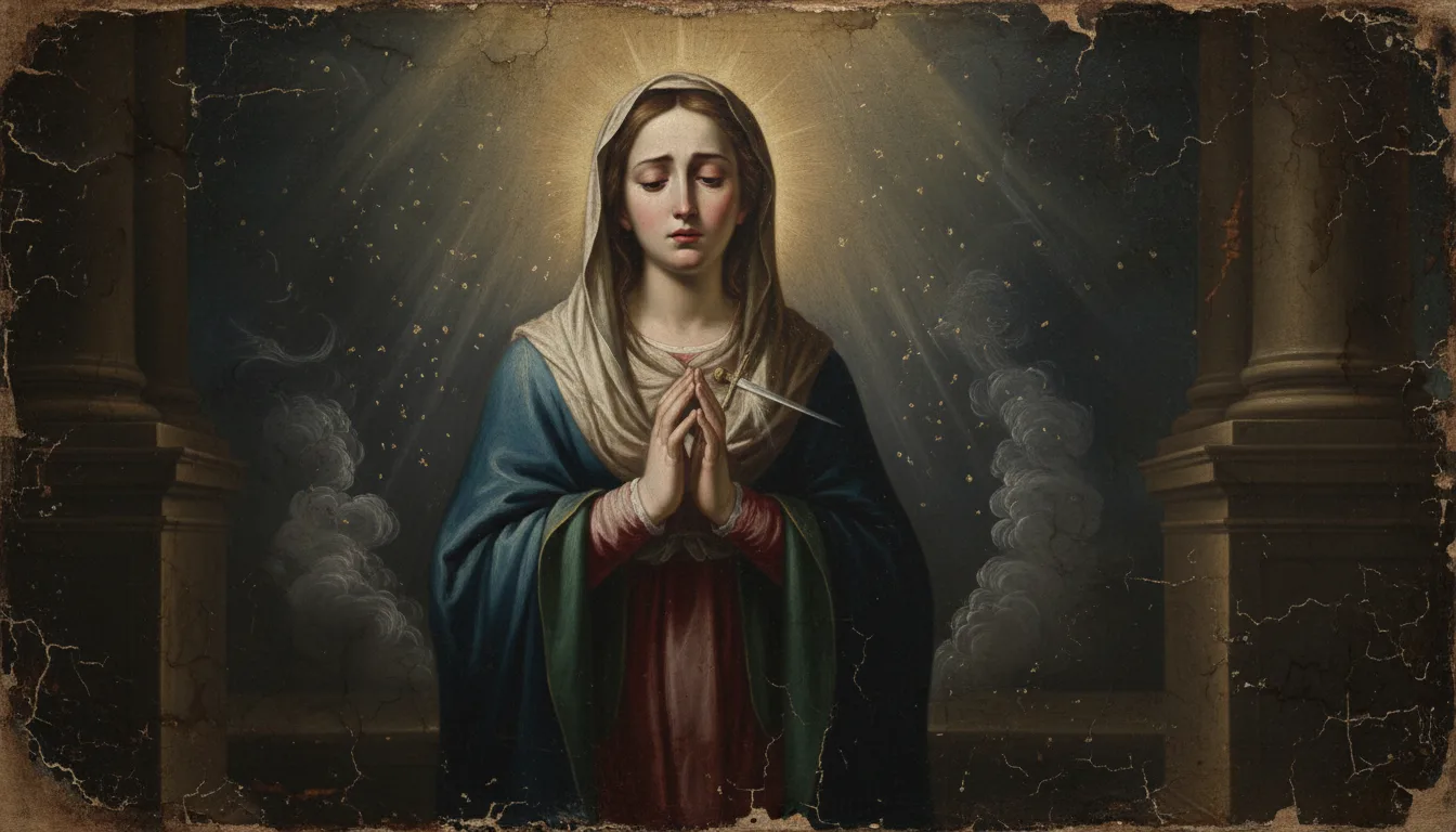 La Vierge Marie méditant douloureusement la prophétie de Siméon, un glaive symbolique évoquant la transfixion de son âme