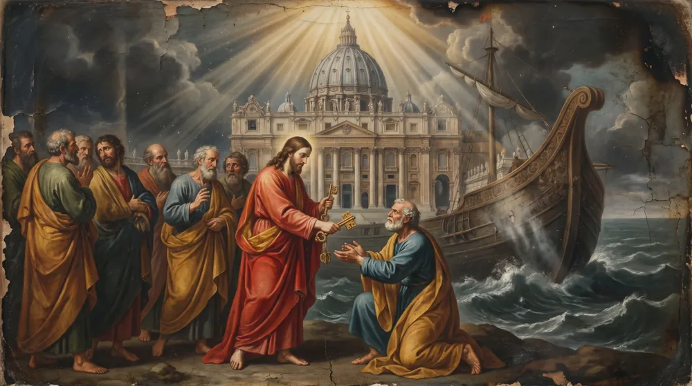 A crucified figure, an enthroned figure with a book, praying saints, a dove, and an altar chalice before a cathedral
