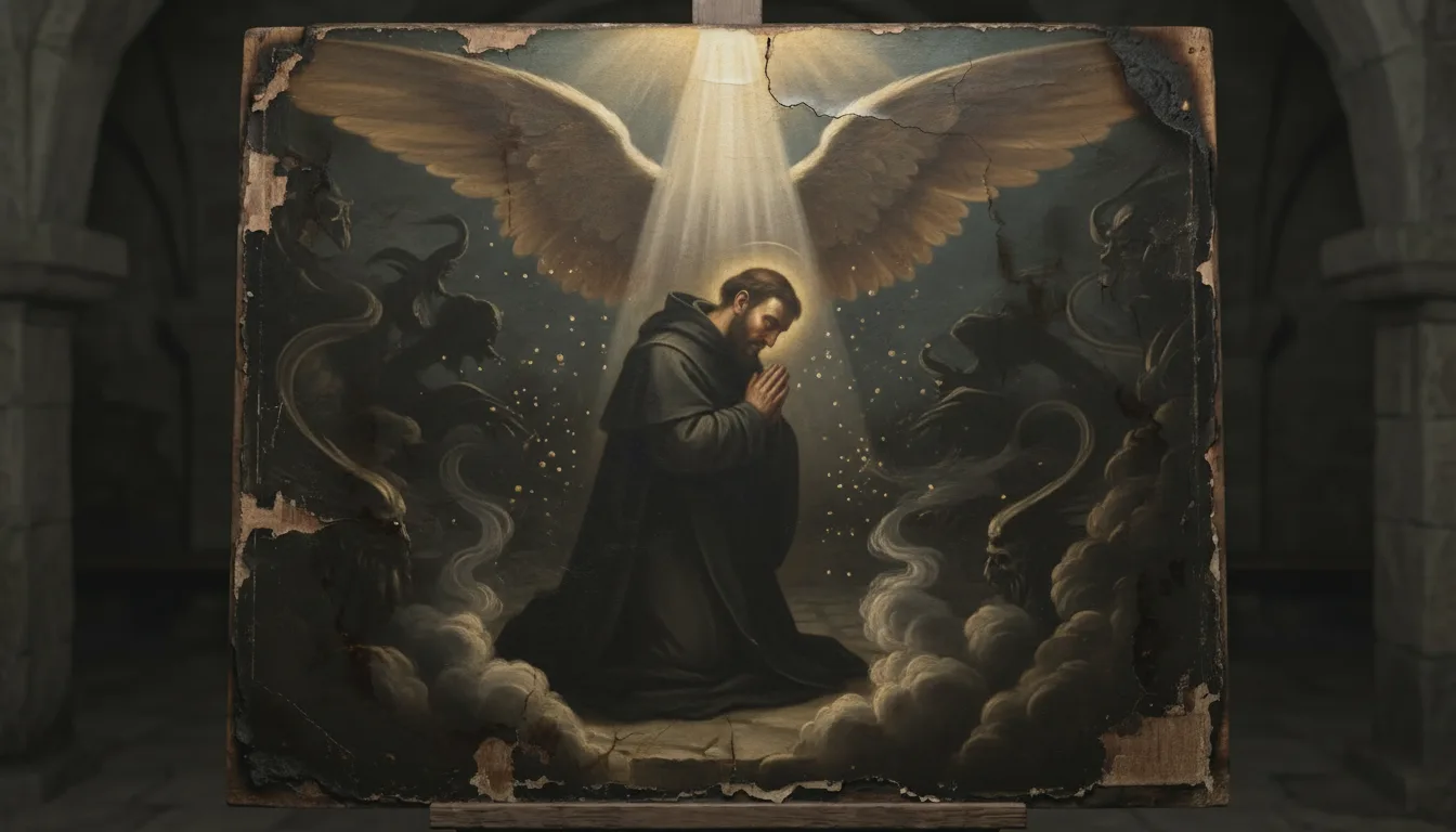 A robed figure sheltered beneath vast overshadowing wings amid darkness, a shield of light around him