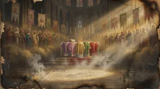 Clergy in colored vestments stand at an altar inside a church with hanging banners and rising incense smoke