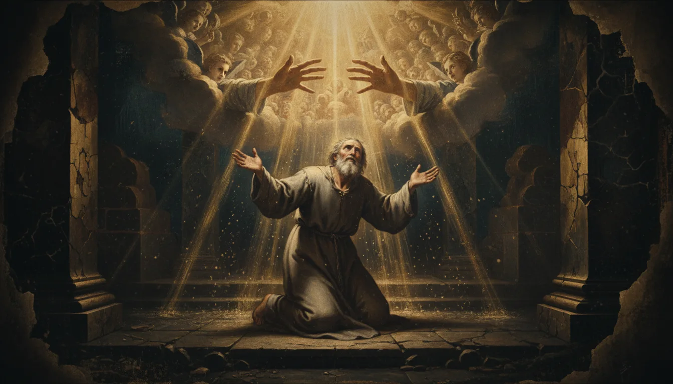 A weary soul surrenders into the sheltering hands of God amid light