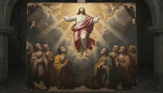 Aged oil-painting canvas of the risen haloed Christ ascending among clouds with arms outstretched above kneeling praying figures