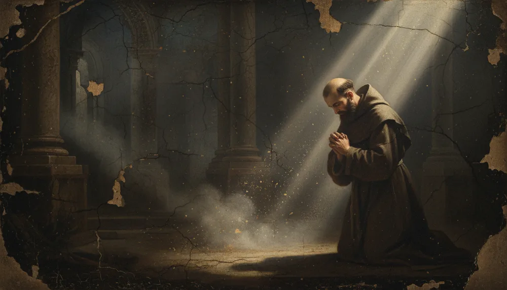 Oil painting of a brown-robed friar kneeling with clasped hands in a dark ruined stone interior lit by a diagonal beam