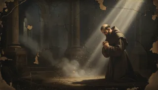 Oil painting of a brown-robed friar kneeling with clasped hands in a dark ruined stone interior lit by a diagonal beam