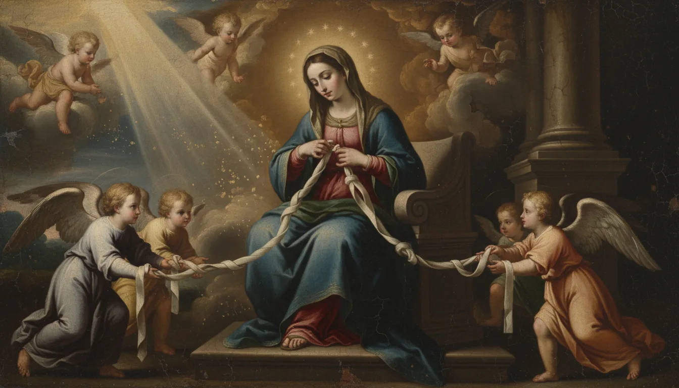 The Virgin Mary's serene hands patiently working along a long white ribbon and loosening its knots, small angels presenting the tangle and receiving the smoothed length