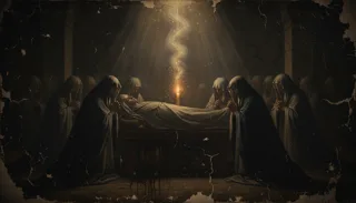 Hooded cloaked figures stand praying around a shrouded body on a table lit by a single candle, a scene of mourning