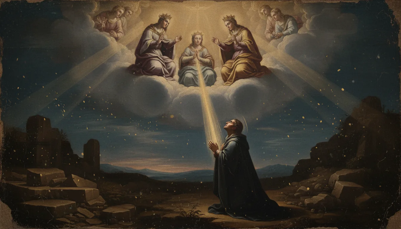 The crowned saints in heaven interceding above a robed figure at prayer below
