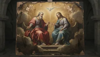 Zwei thronende bärtige Gestalten unter weißer Taube und Cherubim, als Tafel an der Wand