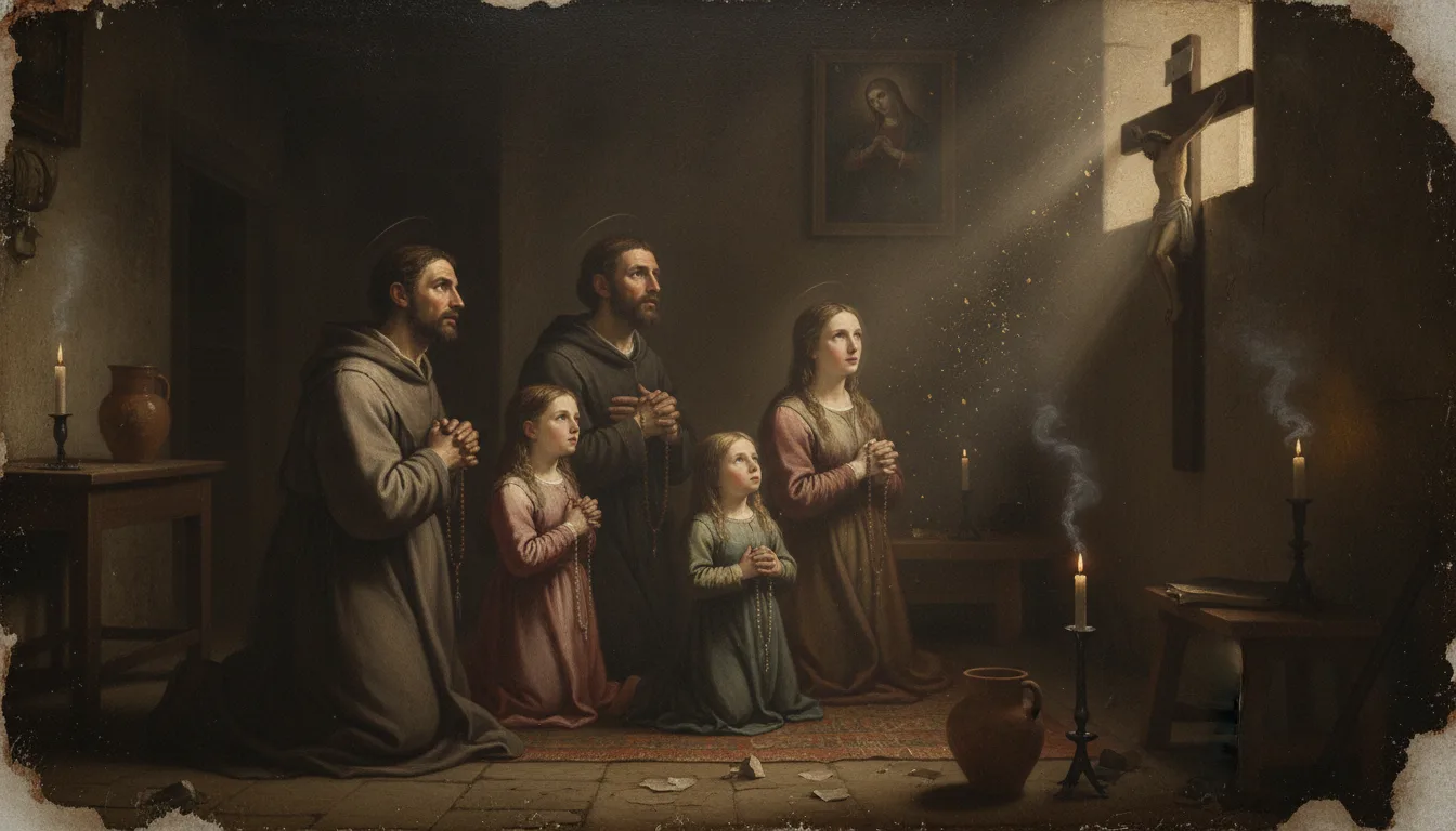 A robed family kneeling together to pray the Rosary before a crucifix by candlelight