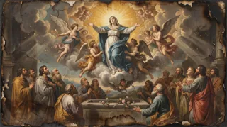 Our Lady rises on clouds with cherubs and angels above robed men gathered at a flower-strewn empty tomb