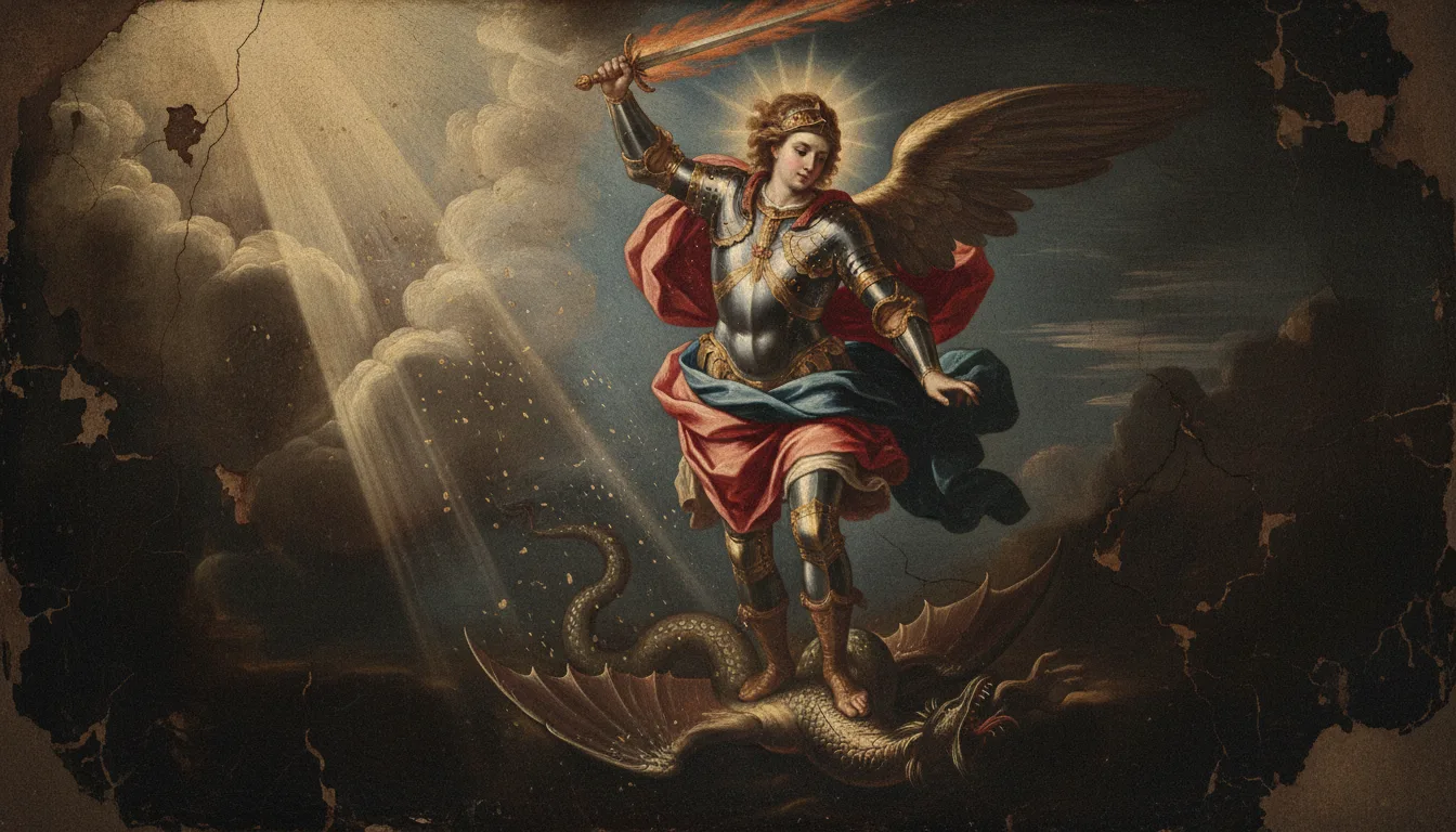 São Miguel Arcanjo, de armadura e espada, precipita o dragão infernal sob a luz divina