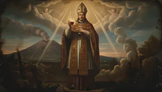 St Januarius as a haloed bishop in mitre holding the reliquary vial of his blood before a smoking volcano