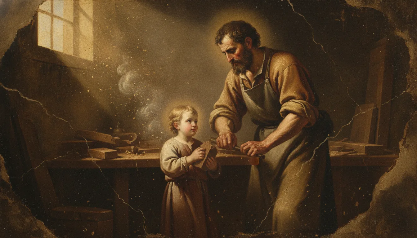 Saint Joseph charpentier travaillant dans son atelier de Nazareth, l'Enfant Jésus à ses côtés