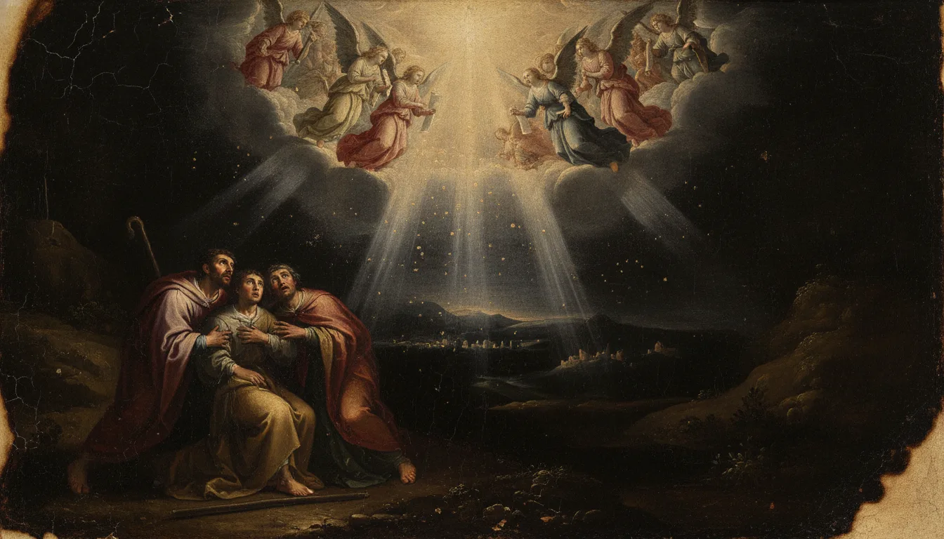 Robed shepherds under a night sky as angels appear proclaiming glory to God