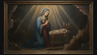 A blue-veiled woman kneels in prayer beside a sleeping infant in a manger, lit by light rays and candles