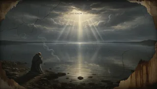 Christian meditation with God: a hooded figure kneels on a rocky lakeshore as light rays break through the clouds over calm water