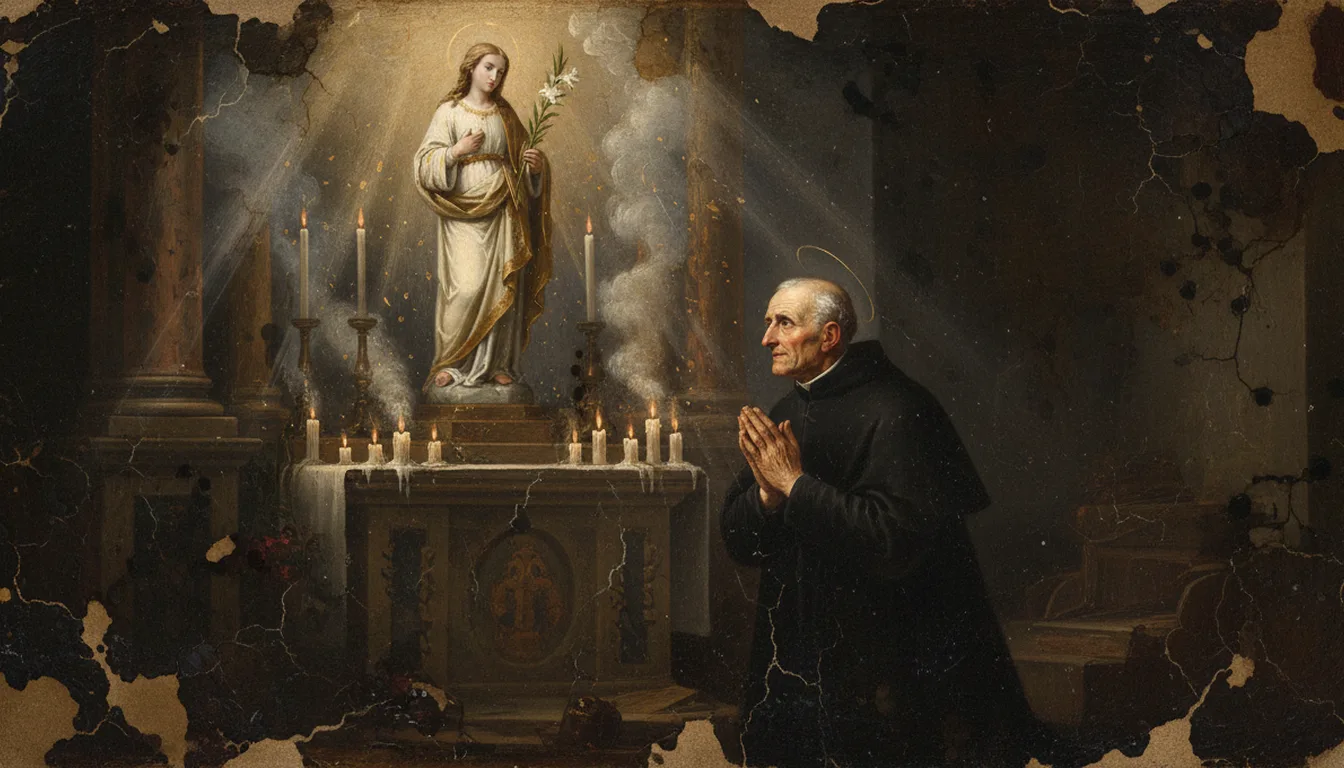 Le saint Curé d'Ars en prière devant la chapelle qu'il éleva en l'honneur de sainte Philomène, sa chère petite sainte