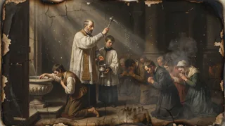 Sacerdote revestido rocía agua con un hisopo sobre fieles arrodillados en oración junto a una pila de piedra
