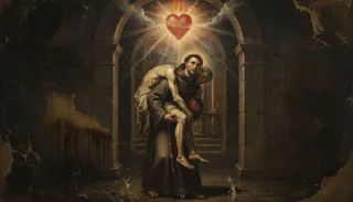 St John of God as a hooded friar carrying a limp youth on his shoulders under a glowing radiant heart in a stone arch
