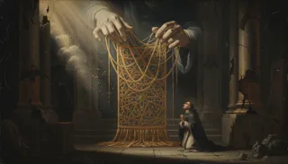 Giant hands lower a woven golden rope structure toward a haloed figure kneeling in prayer in a columned hall