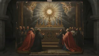 Cuda eucharystyczne: dwie grupy zakonników w brązowych habitach klęczą w modlitwie przed złotą monstrancją na ołtarzu