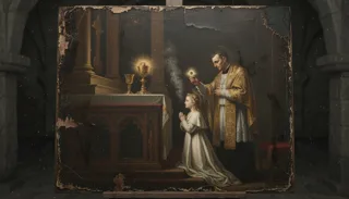 Niña con velo arrodillada recibe la comunión de un sacerdote que sostiene el cáliz ante el altar