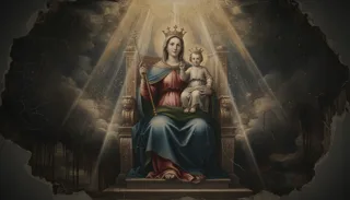 Figura encapuchada arrodillada con cirios e incienso ante la Virgen en pie, un santo sobre las nubes en lo alto