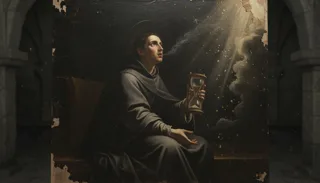 Figure encapuchonnée agenouillée de dos sur un tertre, bras levés vers une lumière rayonnante et des nuées