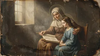 St Anne, a haloed elderly woman teaching the young Virgin Mary to read from an open book by a window