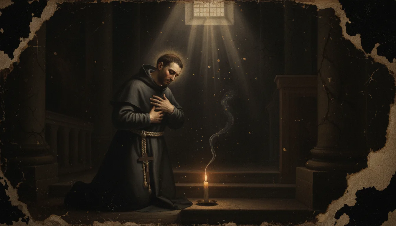 A robed man in prayer by candlelight examining his conscience before confession