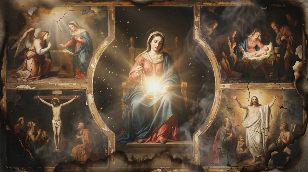 Pintura devocional danificada pelo fogo: ao centro, uma mulher entronizada cercada por quatro cenas dos mistérios do Rosário