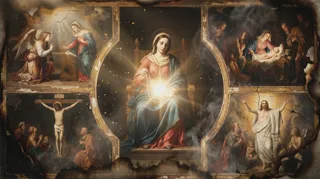 Al centro la Vergine in trono circondata da quattro scene di episodi sacri, tela devozionale segnata dal fuoco