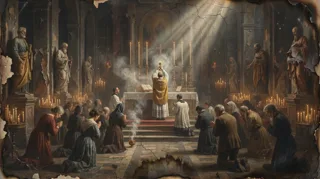 A gold-vested priest stands at a candlelit altar as worshippers kneel amid incense and statues in a church
