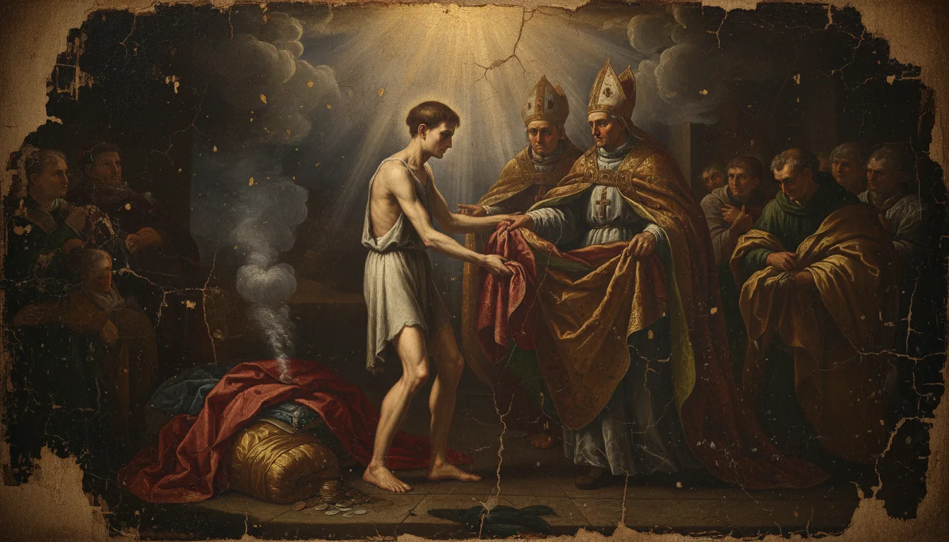 The young Francis stripped of his rich clothes handing them back before a robed bishop in the town square
