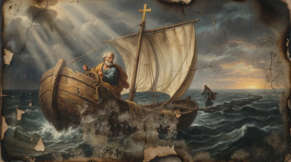 Ein bärtiger Mann mit Schlüsseln in einem Segelboot mit kreuzbekröntem Mast, eine Gestalt geht über das stürmische Wasser