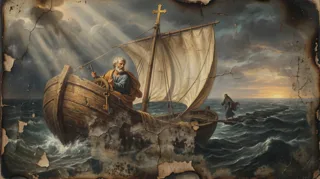 Ein bärtiger Mann mit Schlüsseln in einem Segelboot mit kreuzbekröntem Mast, eine Gestalt geht über das stürmische Wasser