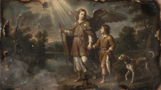 A winged angel with a staff leading a young man who holds a fish, a dog beside them in a landscape