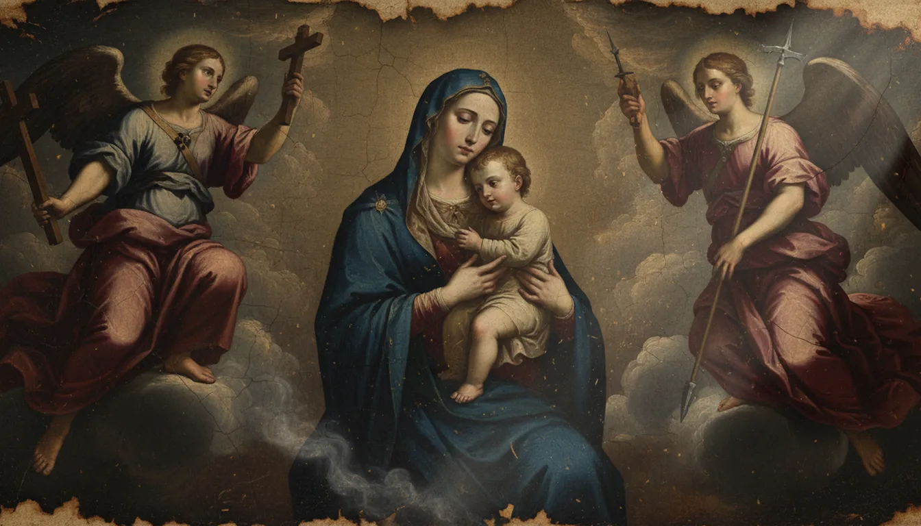 Notre-Dame du Perpétuel Secours tenant l'Enfant Jésus, entourée des archanges Michel et Gabriel portant la croix, la lance et l'éponge de la Passion