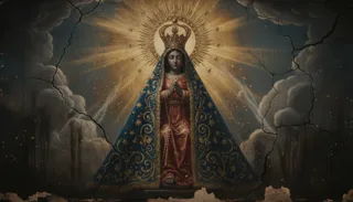 Nossa Senhora coroada de mãos postas, manto azul estrelado sobre o vestido vermelho e auréola radiante