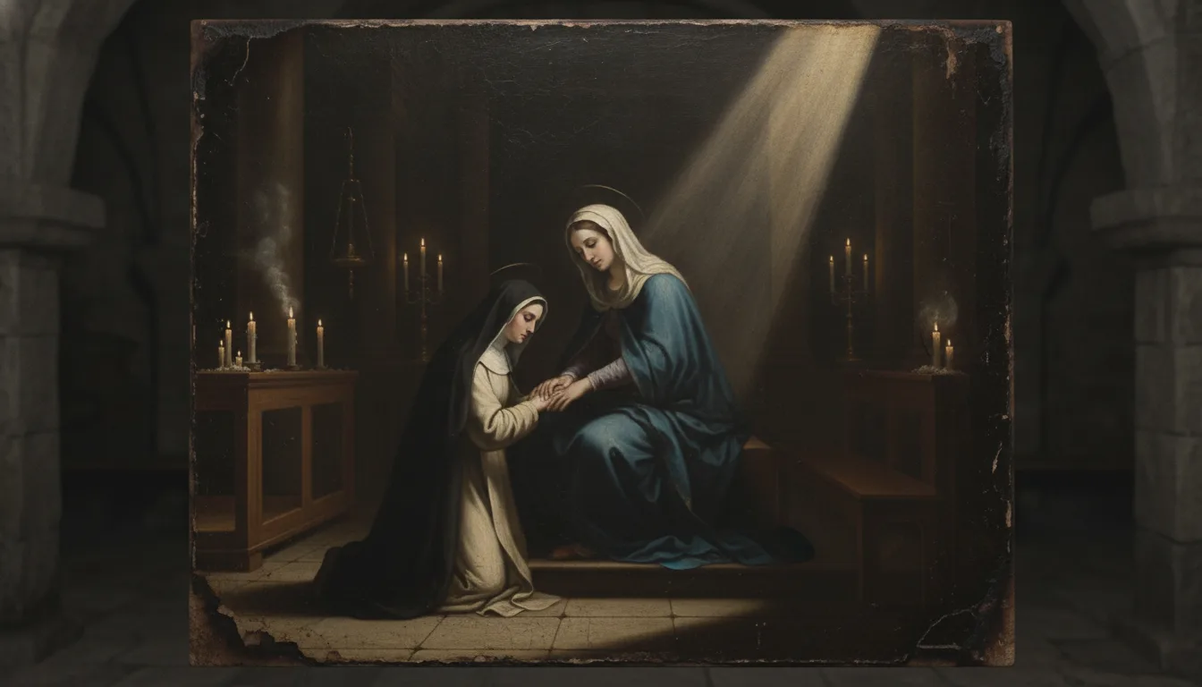 Santa Caterina Labouré inginocchiata tocca le ginocchia della Vergine seduta nella cappella di Rue du Bac