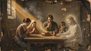 Familie beim Tischgebet an einem einfachen Tisch mit Brot, eine leuchtende Heiligenfigur sitzt bei ihnen