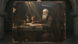 Aged oil-painting panel of a bearded friar in brown habit reading an open book beside a glowing chalice and candle