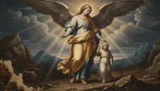 A golden-robed winged angel leads a small hooded child by the hand across rocky ground under radiant light