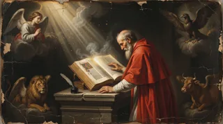 An elderly bearded man in a red robe writes at an open book while a winged angel, lion, and ox appear in the clouds around him