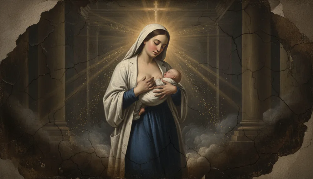 St Gianna Beretta Molla as a veiled woman nursing an infant, radiant light behind her within a ruined columned setting