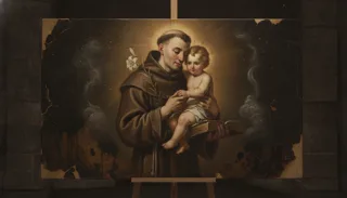 A haloed tonsured friar in a brown habit holds a haloed child with a lily and book in a dark interior