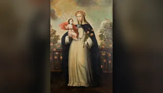 St Rose of Lima in the Dominican habit, crowned with roses, holds the Child Jesus in a rose garden